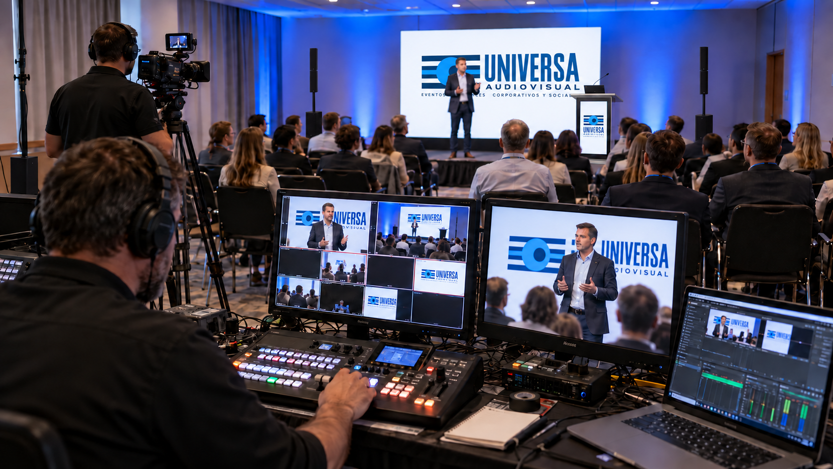 Mesa de broadcast y camarógrafo grabando una charla corporativa