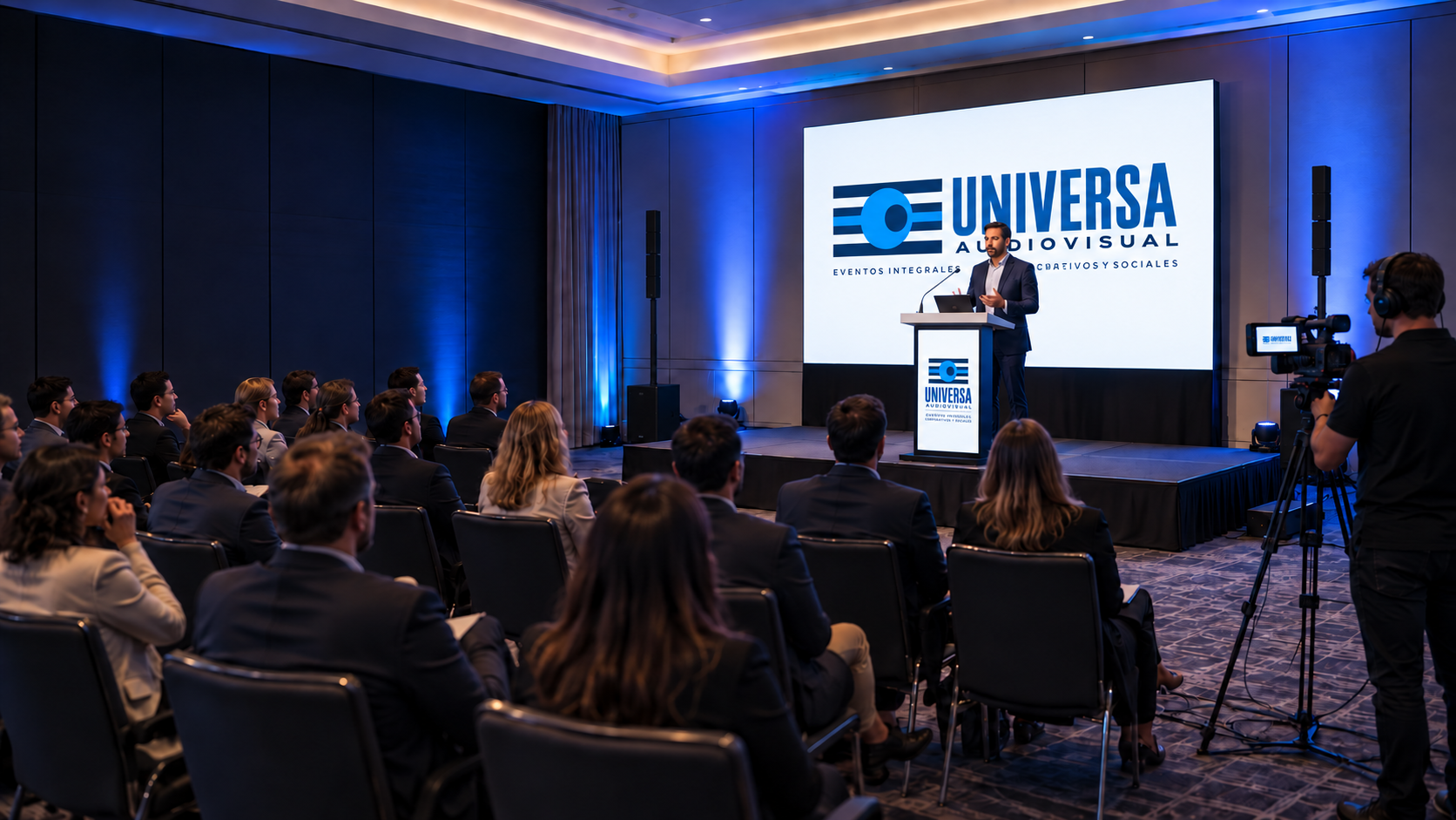 Sala corporativa con tarima, pantalla LED, audio e iluminación de muros